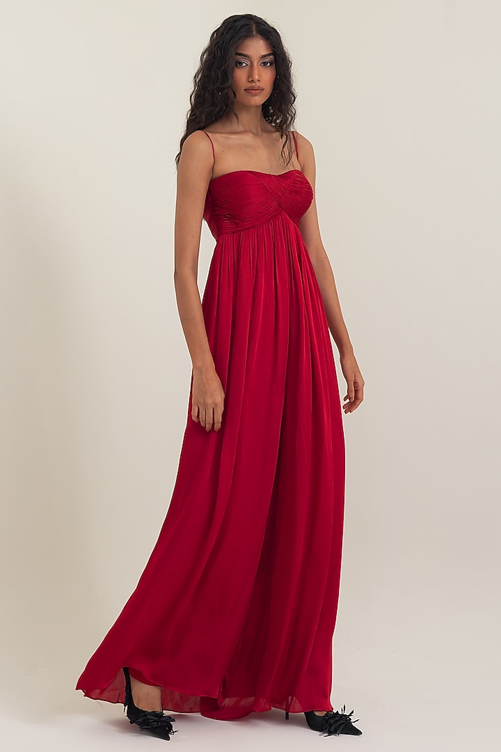 Red Satin Georgette Jumpsuit With Cape by PINUP BY ASTHA at Pernia's Pop Up Shop