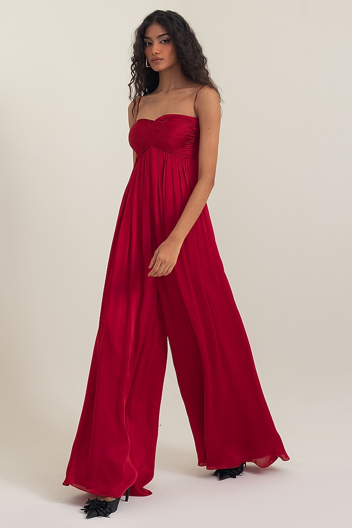 Red Satin Georgette Jumpsuit With Cape by PINUP BY ASTHA at Pernia's Pop Up Shop