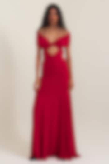 Red Malai Lycra Off-Shoulder Party Wear Gown by PINUP BY ASTHA at Pernia's Pop Up Shop