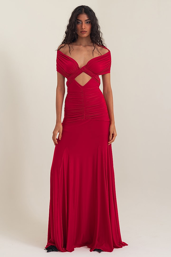 Red Malai Lycra Off-Shoulder Party Wear Gown by PINUP BY ASTHA at Pernia's Pop Up Shop