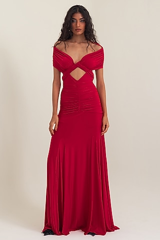 Red Malai Lycra Off-Shoulder Gown by PINUP BY ASTHA