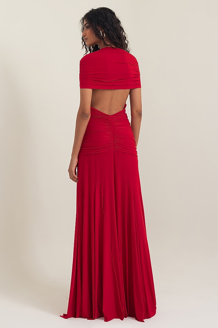 Red Malai Lycra Off-Shoulder Party Wear Gown by PINUP BY ASTHA at Pernia's Pop Up Shop