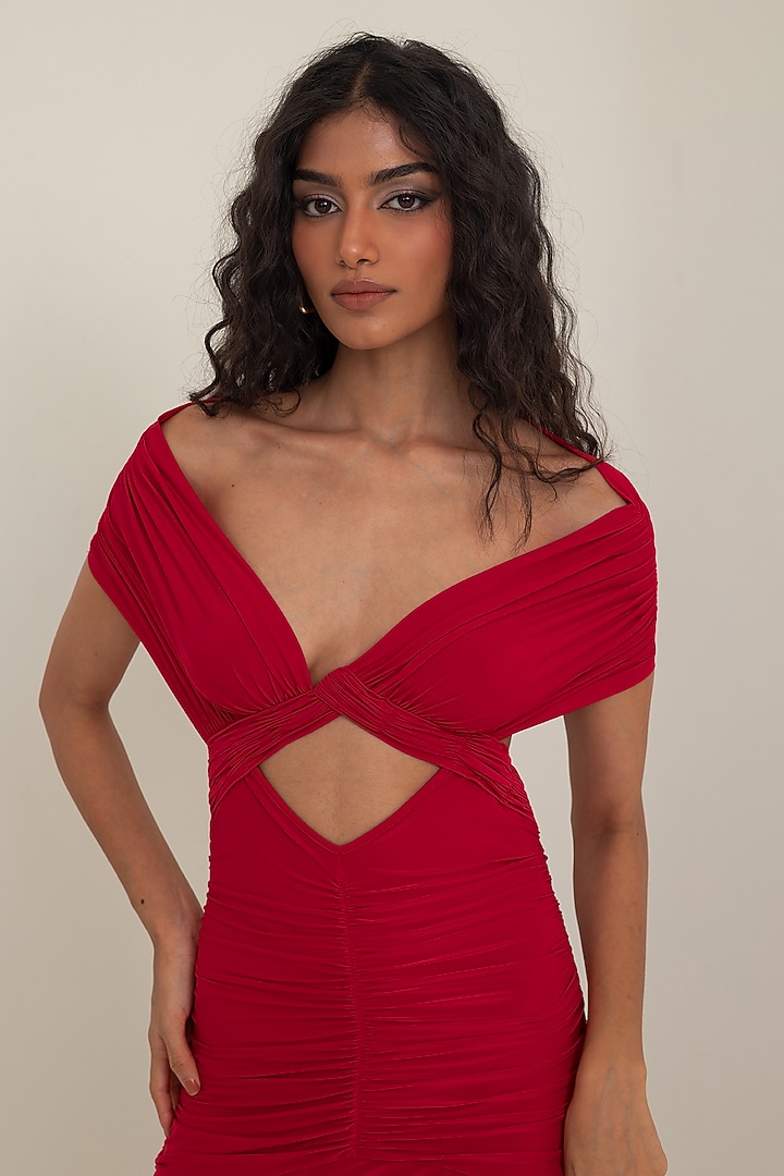 Red Malai Lycra Off-Shoulder Party Wear Gown by PINUP BY ASTHA at Pernia's Pop Up Shop