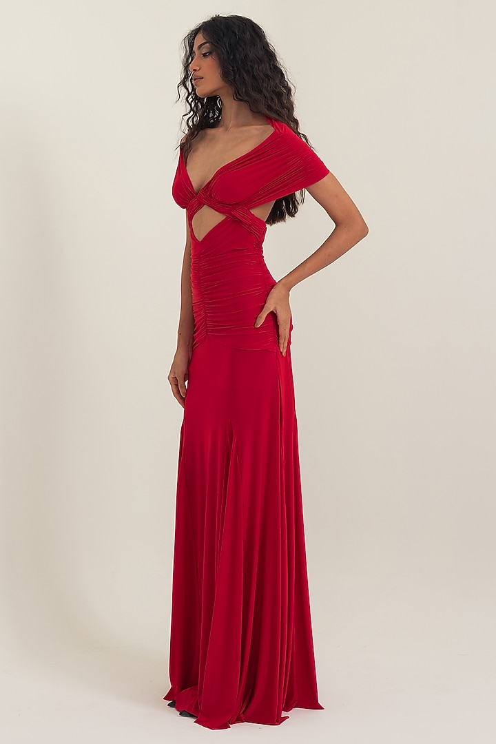 Red Malai Lycra Off-Shoulder Party Wear Gown by PINUP BY ASTHA at Pernia's Pop Up Shop