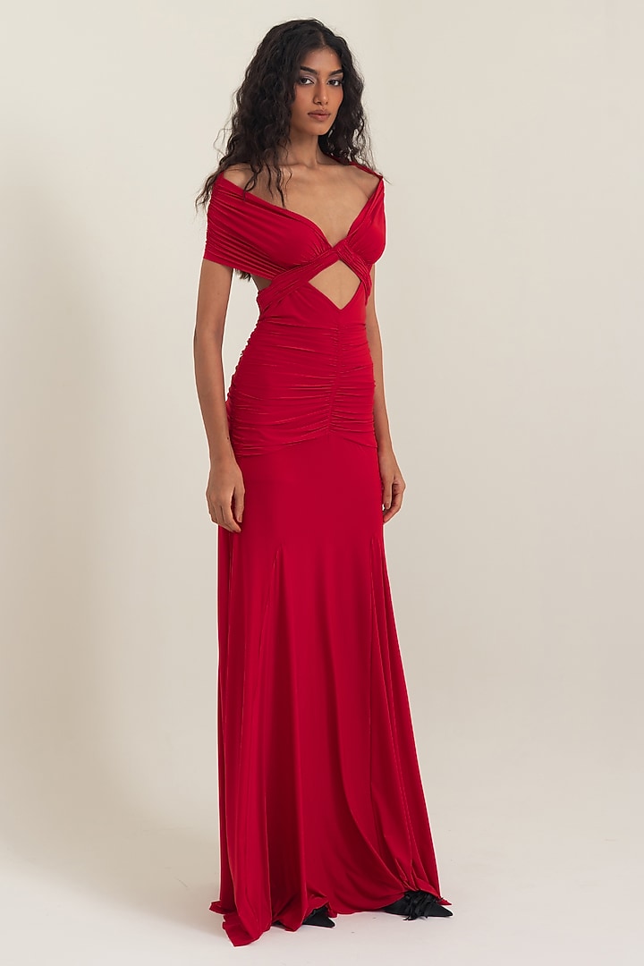 Red Malai Lycra Off-Shoulder Party Wear Gown by PINUP BY ASTHA at Pernia's Pop Up Shop