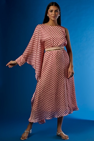 Peach Satin Chiffon Printed Dress by PITARA BY SIPIKA CHAWLA