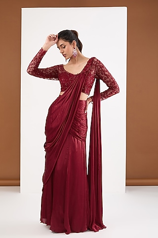 Red Satin Chiffon Cutdana Embroidered Draped Saree Set by PITARA BY SIPIKA CHAWLA