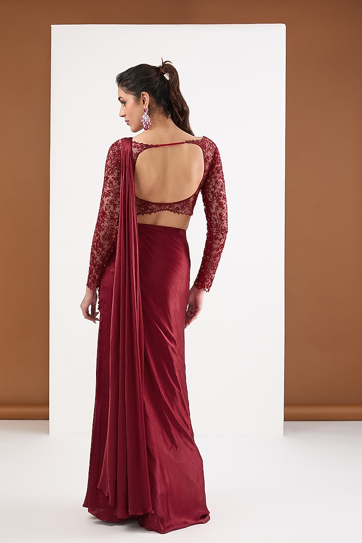 Red Satin Chiffon Cutdana Embroidered Draped Wedding Saree Set by PITARA BY SIPIKA CHAWLA at Pernia's Pop Up Shop