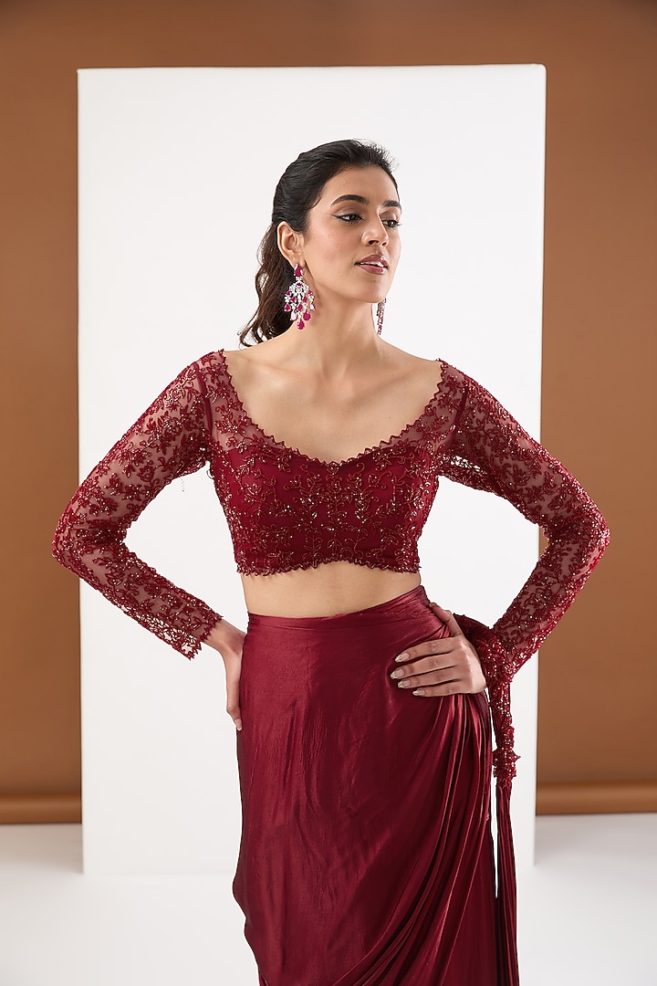 Red Satin Chiffon Cutdana Embroidered Draped Wedding Saree Set by PITARA BY SIPIKA CHAWLA at Pernia's Pop Up Shop