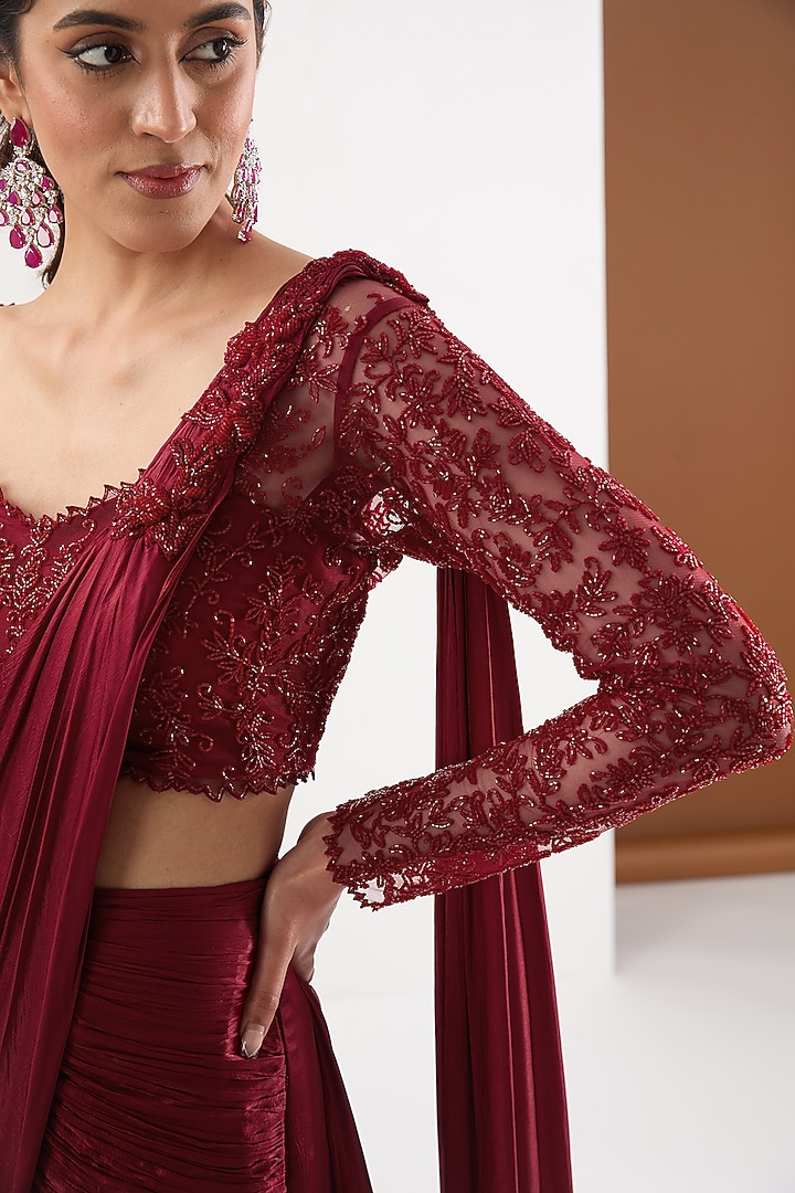 Red Satin Chiffon Cutdana Embroidered Draped Wedding Saree Set by PITARA BY SIPIKA CHAWLA at Pernia's Pop Up Shop