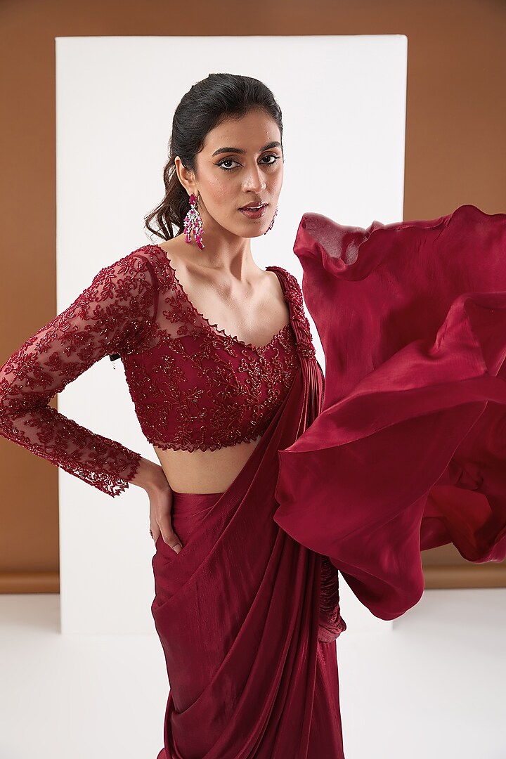 Red Satin Chiffon Cutdana Embroidered Draped Wedding Saree Set by PITARA BY SIPIKA CHAWLA at Pernia's Pop Up Shop