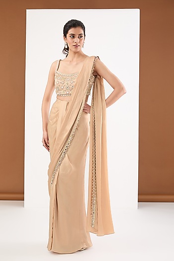 Beige Moon Satin Mirror Embroidered Draped Wedding Saree Set by PITARA BY SIPIKA CHAWLA at Pernia's Pop Up Shop