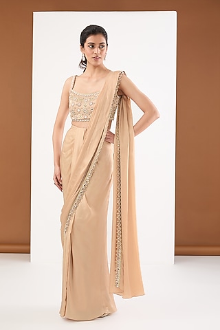 Beige Moon Satin Mirror Embroidered Draped Saree Set by PITARA BY SIPIKA CHAWLA