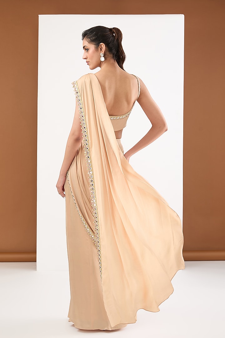 Beige Moon Satin Mirror Embroidered Draped Wedding Saree Set by PITARA BY SIPIKA CHAWLA at Pernia's Pop Up Shop