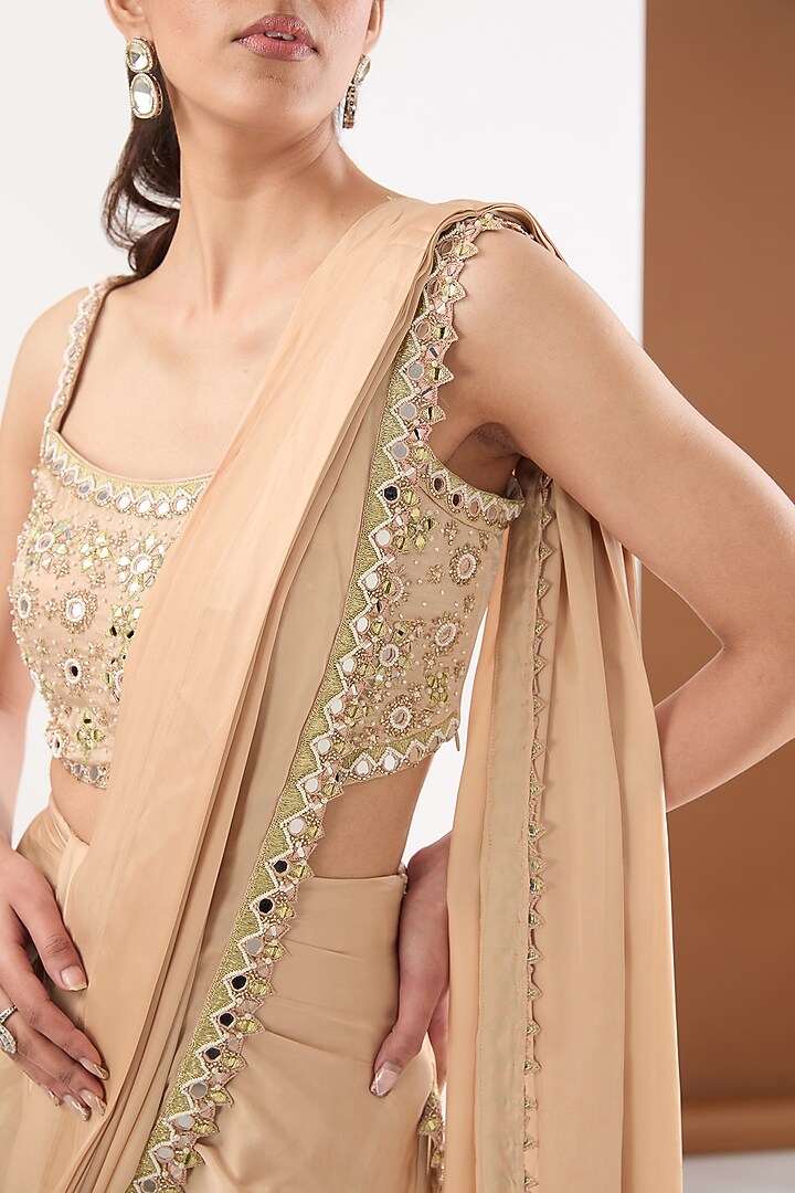 Beige Moon Satin Mirror Embroidered Draped Wedding Saree Set by PITARA BY SIPIKA CHAWLA at Pernia's Pop Up Shop