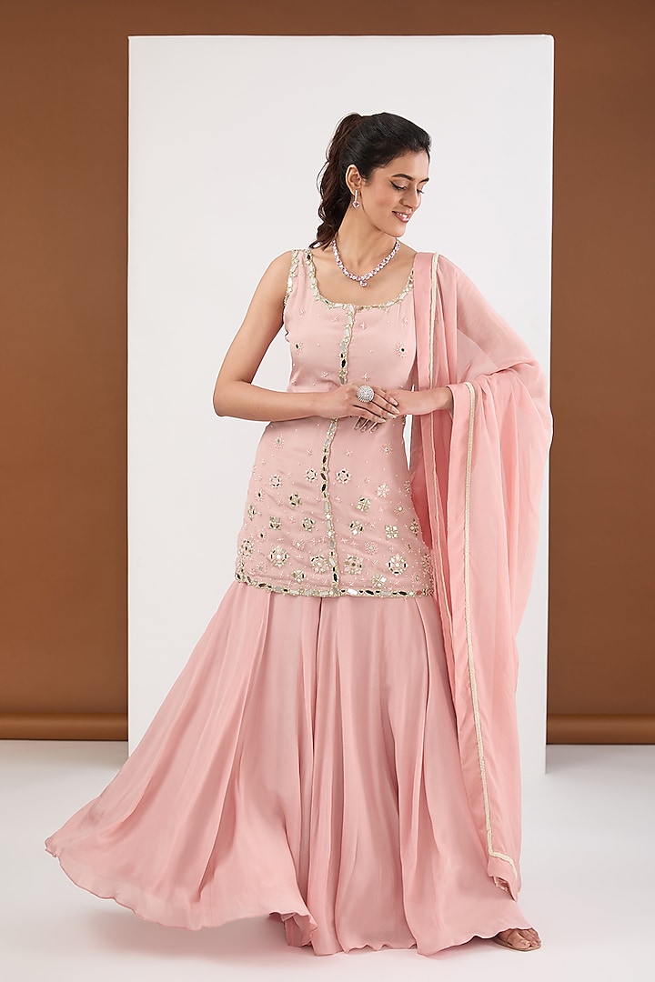 Old Rose Pink Crepe Kali Sharara Set by PITARA BY SIPIKA CHAWLA at Pernia's Pop Up Shop