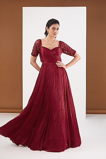 Maroon Satin Chiffon Hand Work Draped Engagement Gown by PITARA BY SIPIKA CHAWLA at Pernia's Pop Up Shop