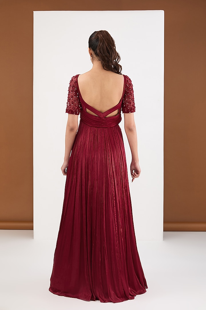Maroon Satin Chiffon Hand Work Draped Engagement Gown by PITARA BY SIPIKA CHAWLA at Pernia's Pop Up Shop