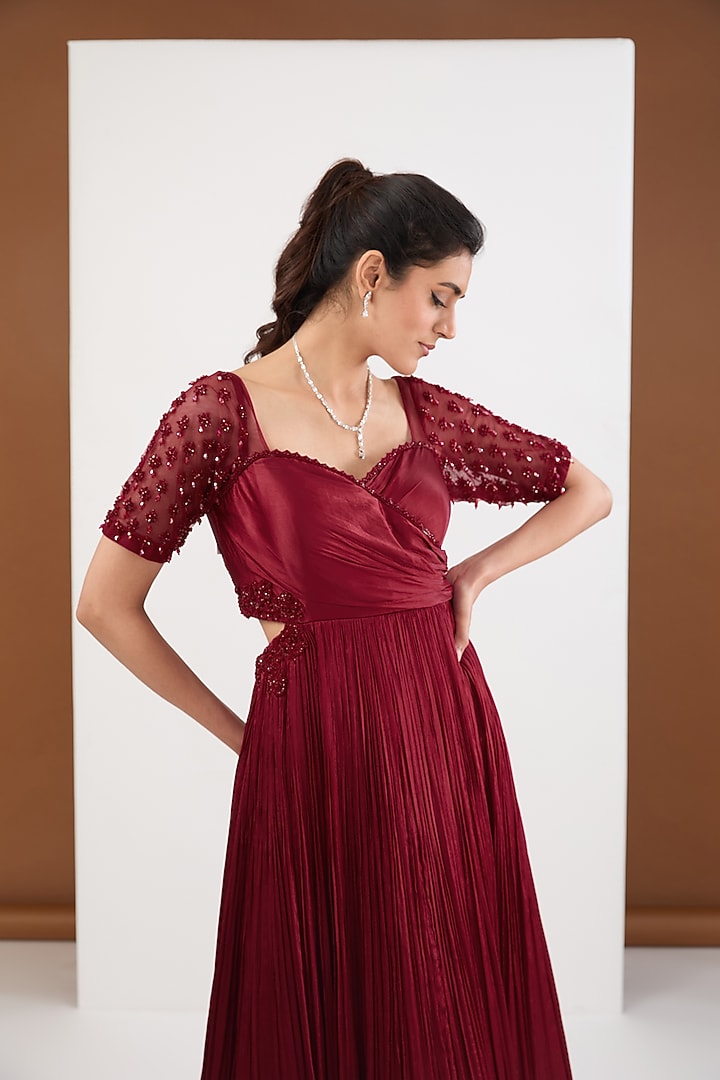 Maroon Satin Chiffon Hand Work Draped Engagement Gown by PITARA BY SIPIKA CHAWLA at Pernia's Pop Up Shop
