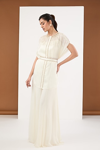 Off-White Georgette & Moonsatin Hand Embroidered Kalidar Sharara Set by PITARA BY SIPIKA CHAWLA