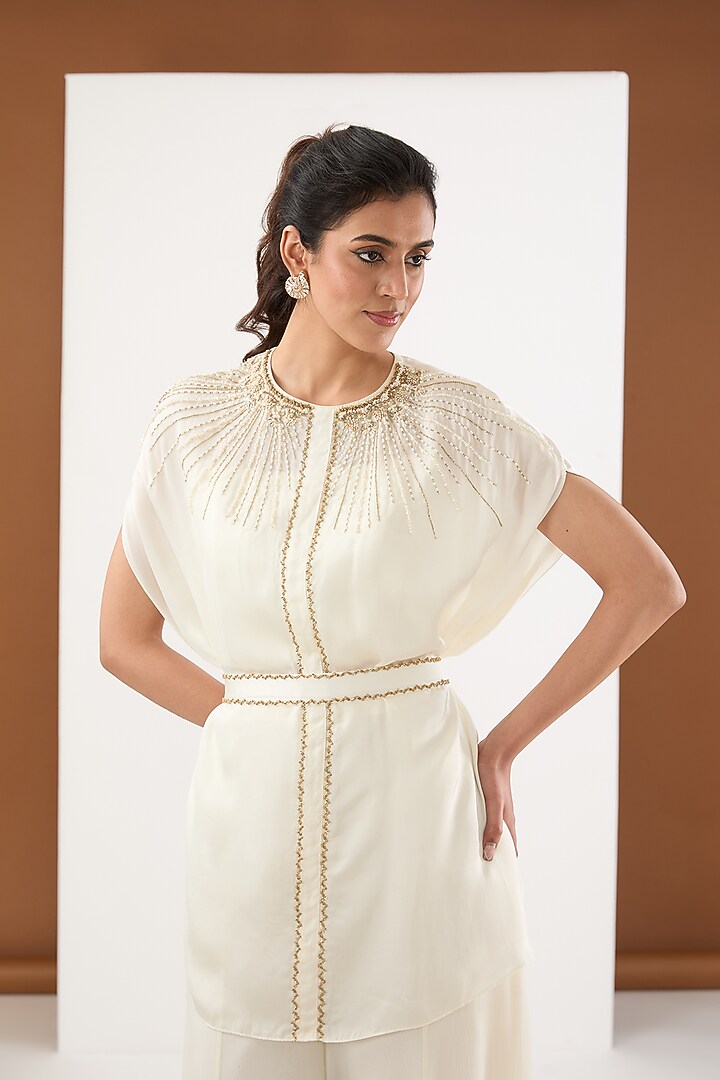 Off-White Georgette & Moonsatin Hand Embroidered Kalidar Wedding Sharara Set by PITARA BY SIPIKA CHAWLA at Pernia's Pop Up Shop
