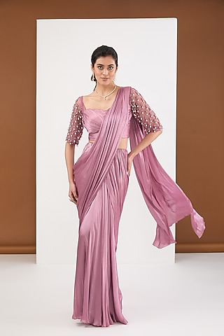 Dusty Purple Satin Chiffon Draped Saree Set by PITARA BY SIPIKA CHAWLA