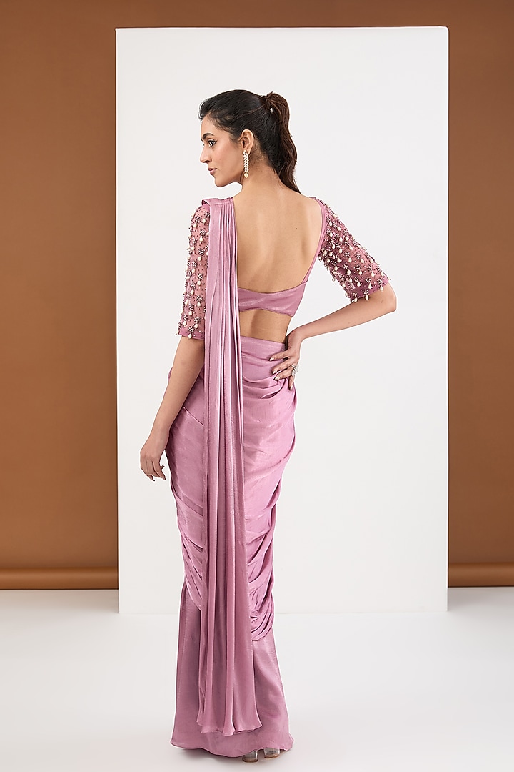 Dusty Purple Satin Chiffon Draped Wedding Saree Set by PITARA BY SIPIKA CHAWLA at Pernia's Pop Up Shop