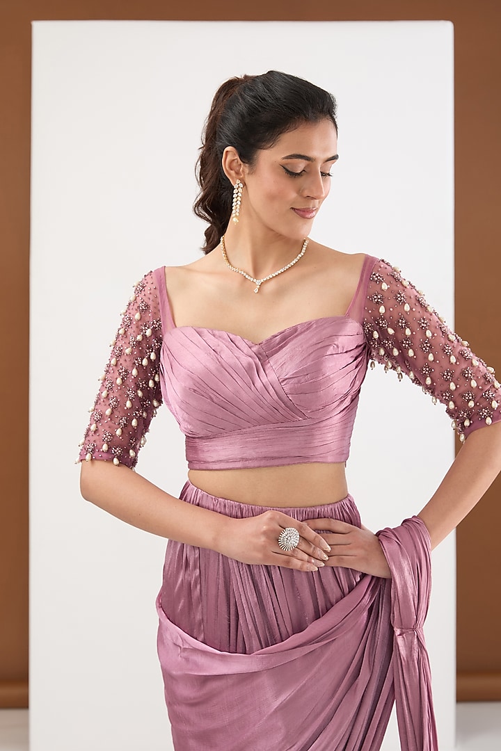 Dusty Purple Satin Chiffon Draped Wedding Saree Set by PITARA BY SIPIKA CHAWLA at Pernia's Pop Up Shop