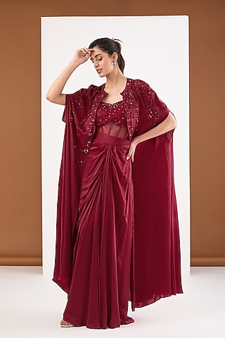 Maroon Moon Satin & Net Cape Set by PITARA BY SIPIKA CHAWLA
