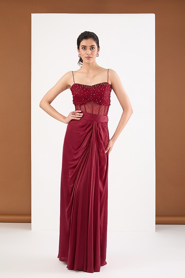 Maroon Moon Satin & Net Cape Set by PITARA BY SIPIKA CHAWLA at Pernia's Pop Up Shop