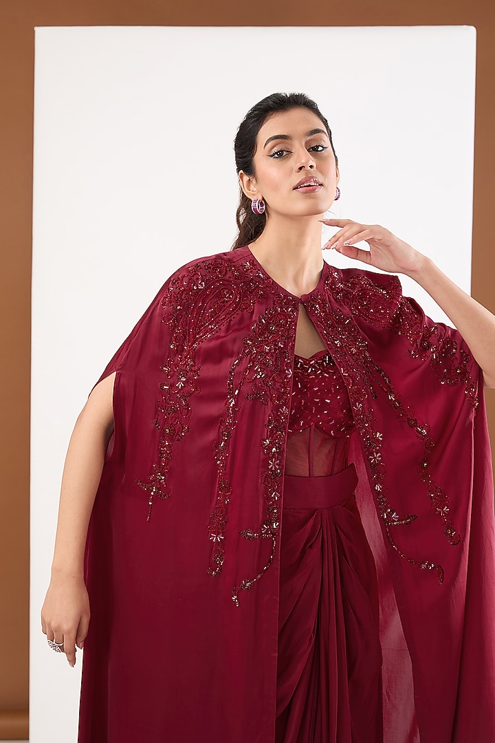 Maroon Moon Satin & Net Cape Set by PITARA BY SIPIKA CHAWLA at Pernia's Pop Up Shop