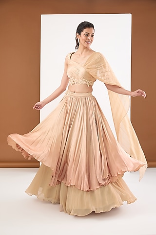 Beige Chiffon & Georgette Flap Skirt Set by PITARA BY SIPIKA CHAWLA