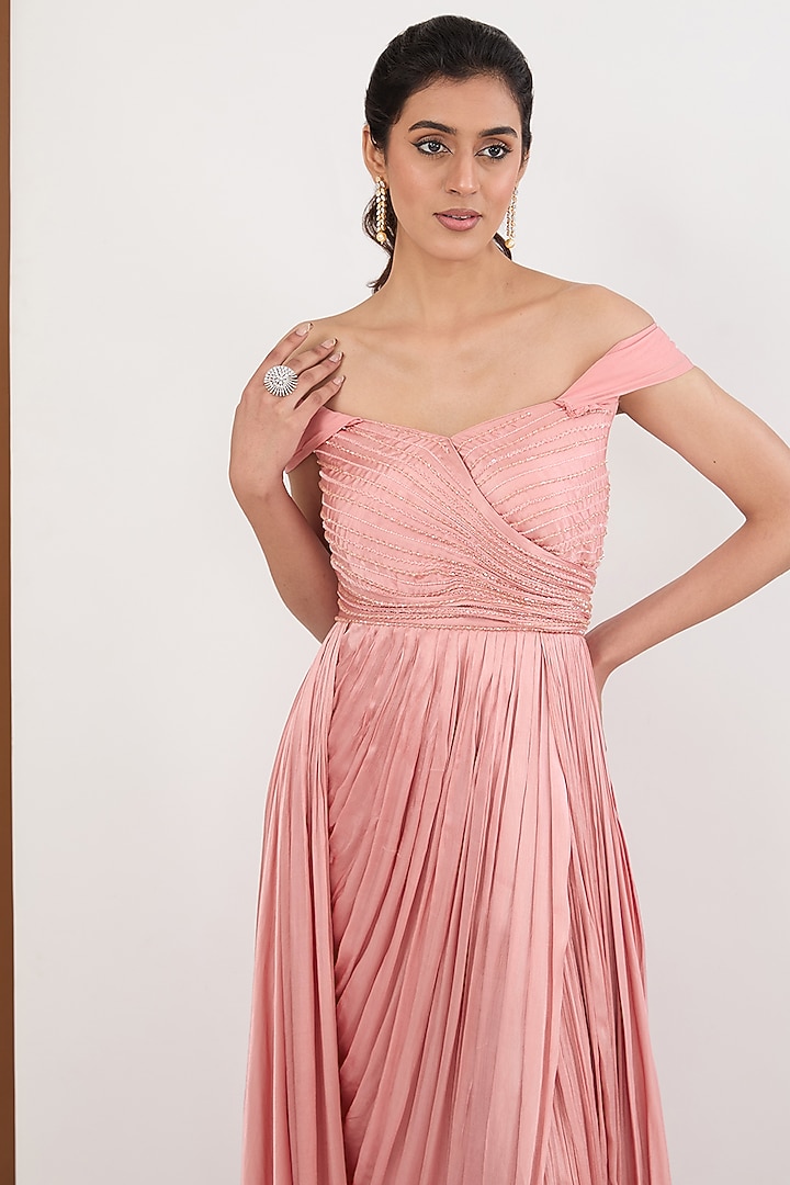 Old Rose Pink Satin Chiffon Hand Embroidered Off-shoulder Engagement Gown by PITARA BY SIPIKA CHAWLA at Pernia's Pop Up Shop