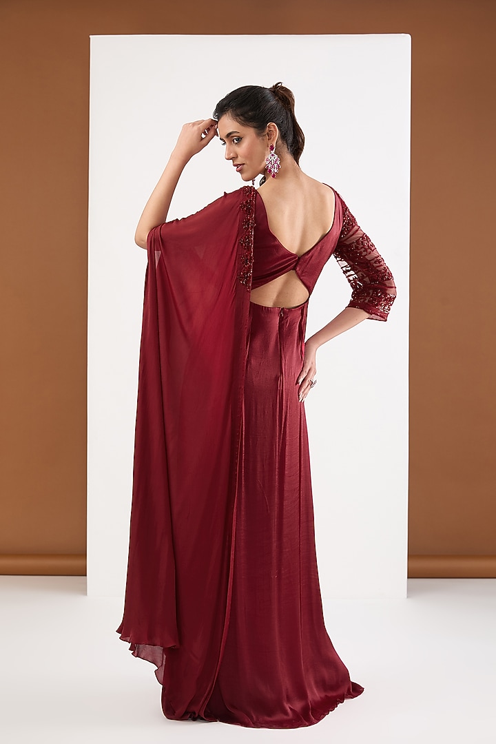 Maroon Satin Chiffon Hand Embroidered Draped Engagement Gown by PITARA BY SIPIKA CHAWLA at Pernia's Pop Up Shop