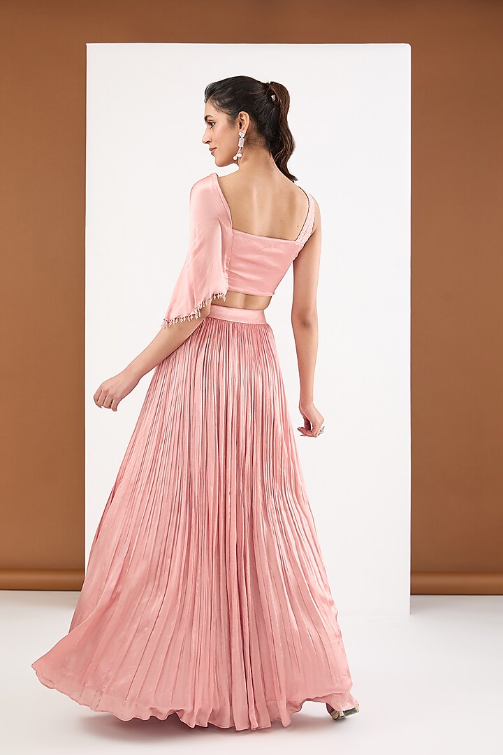 Old Rose Pink Satin Chiffon Hand Embroidered Skirt Set by PITARA BY SIPIKA CHAWLA at Pernia's Pop Up Shop