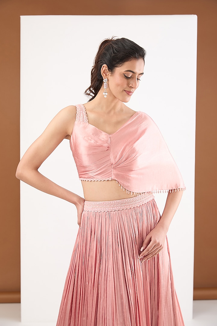 Old Rose Pink Satin Chiffon Hand Embroidered Skirt Set by PITARA BY SIPIKA CHAWLA at Pernia's Pop Up Shop