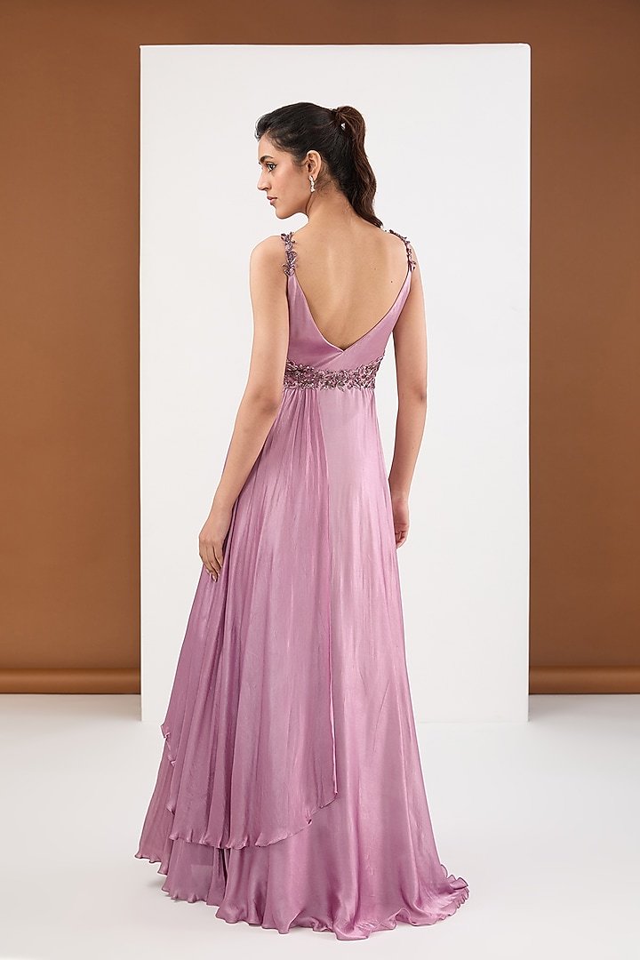 Dusty Purple Satin Chiffon Cutdana Embroidered Draped Engagement Gown by PITARA BY SIPIKA CHAWLA at Pernia's Pop Up Shop