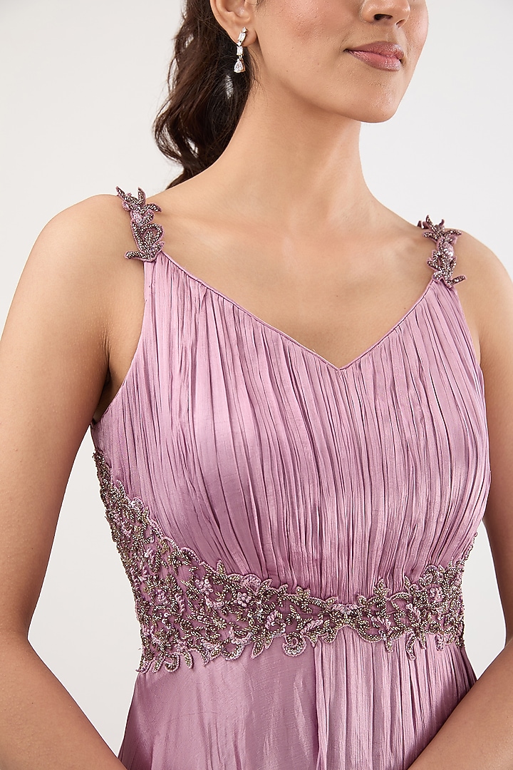 Dusty Purple Satin Chiffon Cutdana Embroidered Draped Engagement Gown by PITARA BY SIPIKA CHAWLA at Pernia's Pop Up Shop