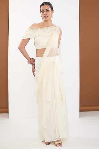 Ivory Georgette Dhoti Saree Set by PITARA BY SIPIKA CHAWLA