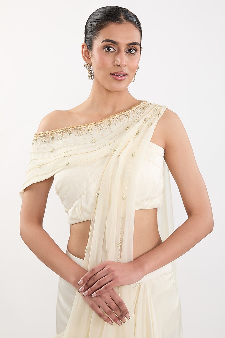 Ivory Georgette Dhoti Party Wear Saree Set by PITARA BY SIPIKA CHAWLA at Pernia's Pop Up Shop