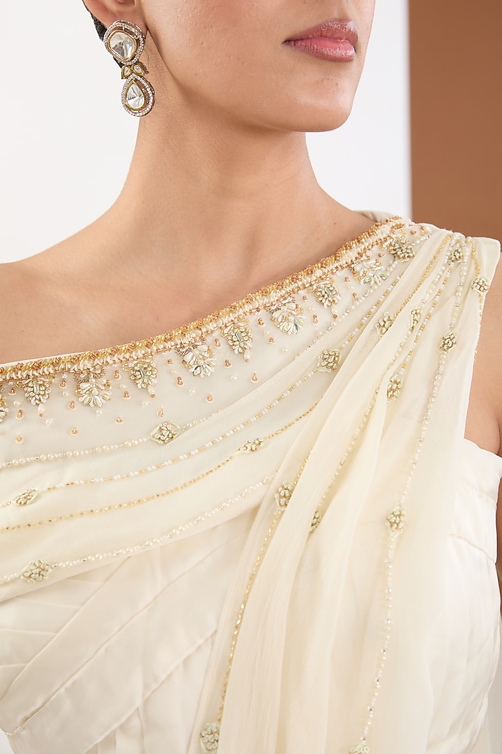 Ivory Georgette Dhoti Party Wear Saree Set by PITARA BY SIPIKA CHAWLA at Pernia's Pop Up Shop