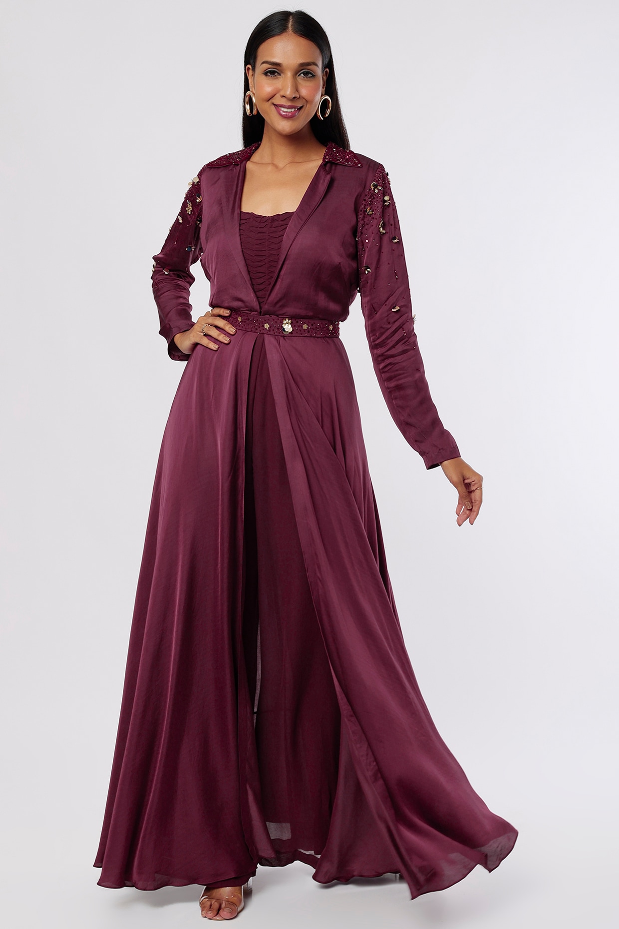 Wine Wrap Over Elasticated Cuff Belted Jumpsuit – AX Paris