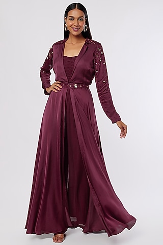 Maroon Oak Georgette Jumpsuit With Jacket by PITARA BY SIPIKA CHAWLA
