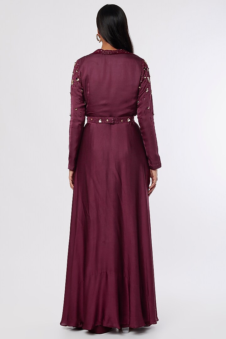 Maroon Oak Georgette Jumpsuit With Jacket by PITARA BY SIPIKA CHAWLA at Pernia's Pop Up Shop