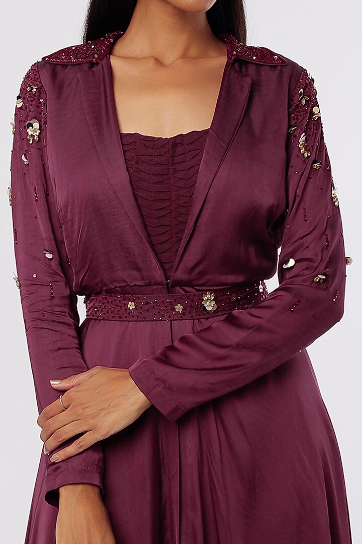 Maroon Oak Georgette Jumpsuit With Jacket by PITARA BY SIPIKA CHAWLA at Pernia's Pop Up Shop