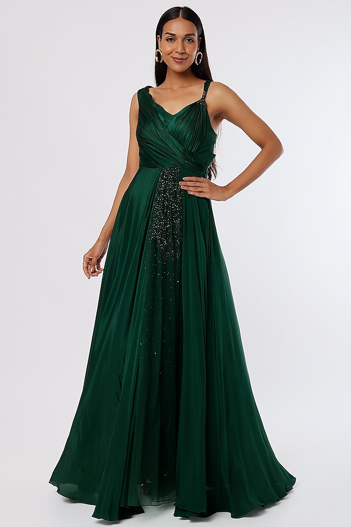 Hunter Green Off-Shoulder Gown by PITARA BY SIPIKA CHAWLA at Pernia's Pop Up Shop