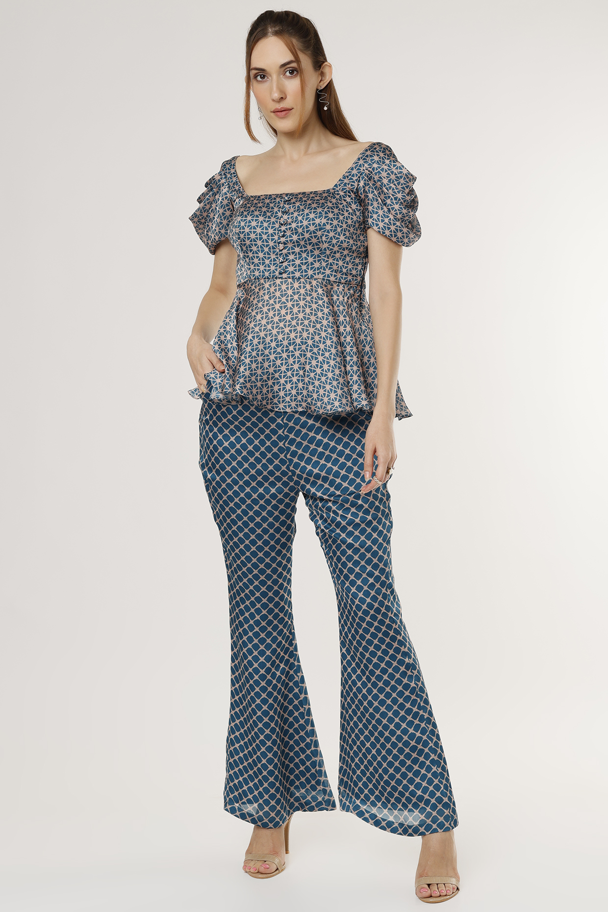Teal Blue Printed Pant Set by PITARA BY SIPIKA CHAWLA at Pernia's Pop Up Shop