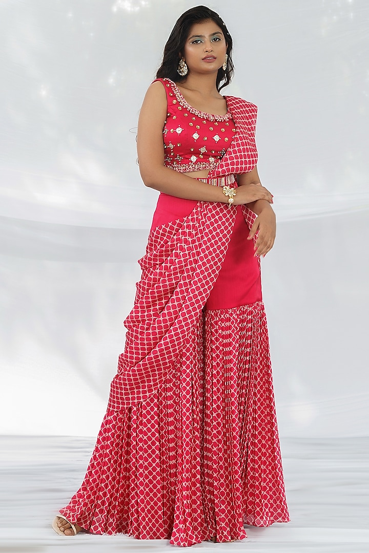 Fuchsia Satin Chiffon Jhil Printed Sharara Party Wear Saree Set by PITARA BY SIPIKA CHAWLA at Pernia's Pop Up Shop