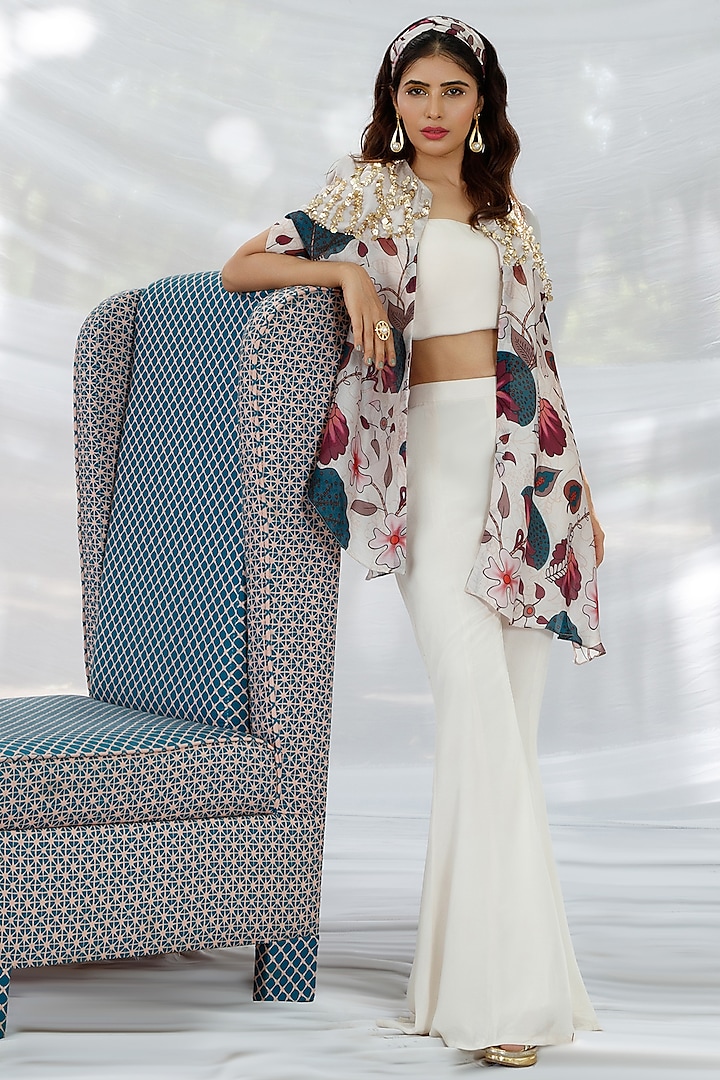 White Satin Chiffon Pant Set by PITARA BY SIPIKA CHAWLA