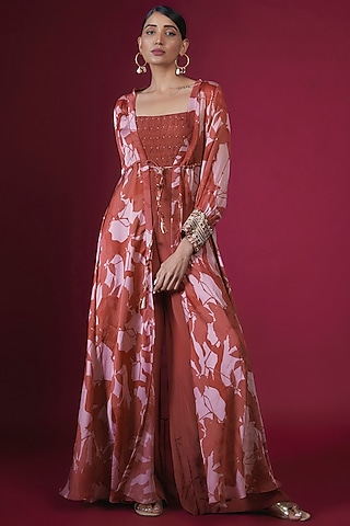 Rust Crepe Jumpsuit With Jacket by PITARA BY SIPIKA CHAWLA